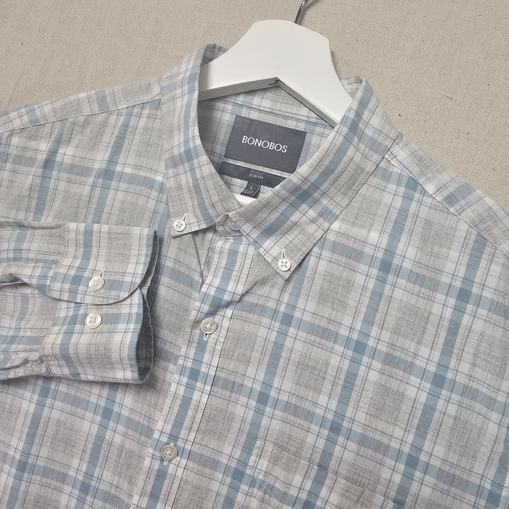 Bonobos Men's Large Blue Plaid Slim Fit Grid Check Button Down Shirt